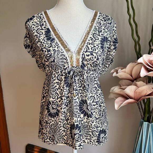 Moda International Plunge Neck Blouse Gold Mesh‎ Trim Empire Waist Size XS EUC - Picture 1 of 8